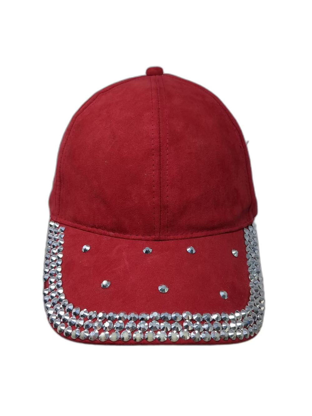 C.C Red Baseball Cap Hat One Size Studded Silver Rhinestone Faux Suede Strapback